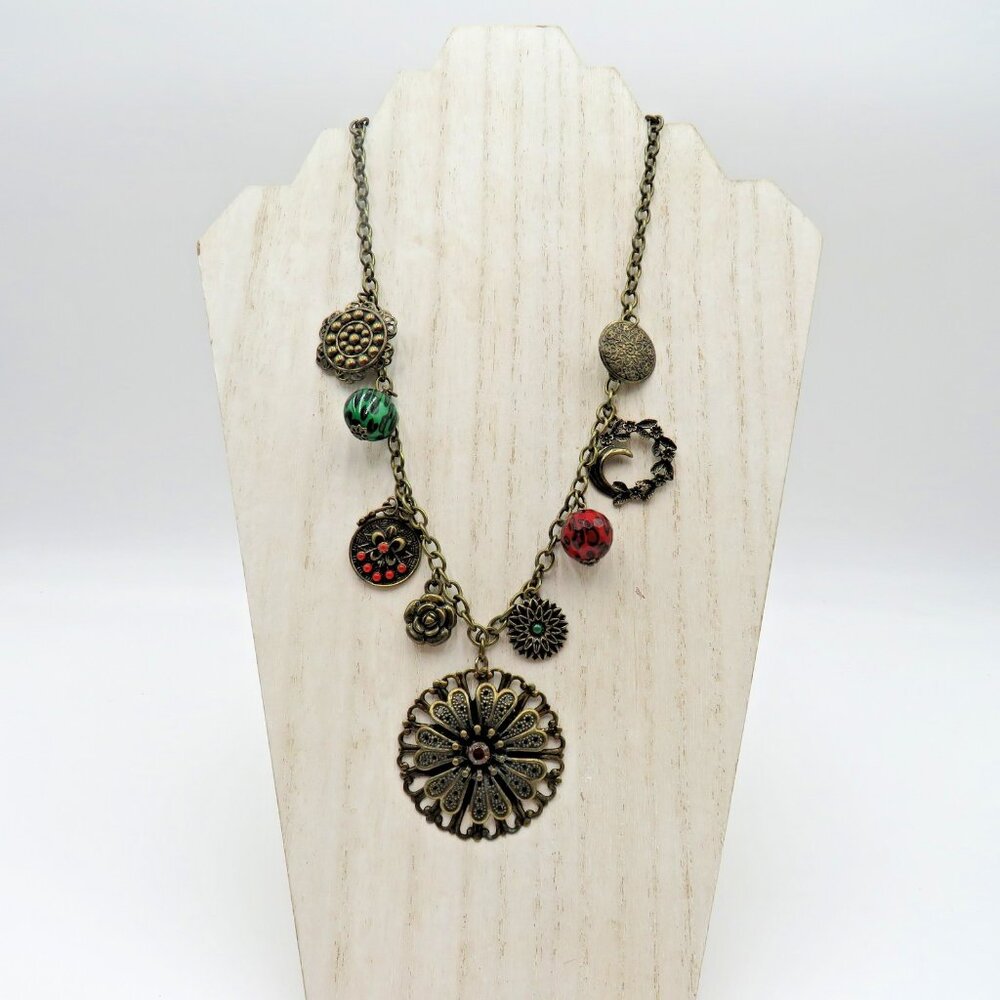 Vintage Boho Statement Necklace Bronze Tone‎ Flower Charms Beaded Adjustable 28"